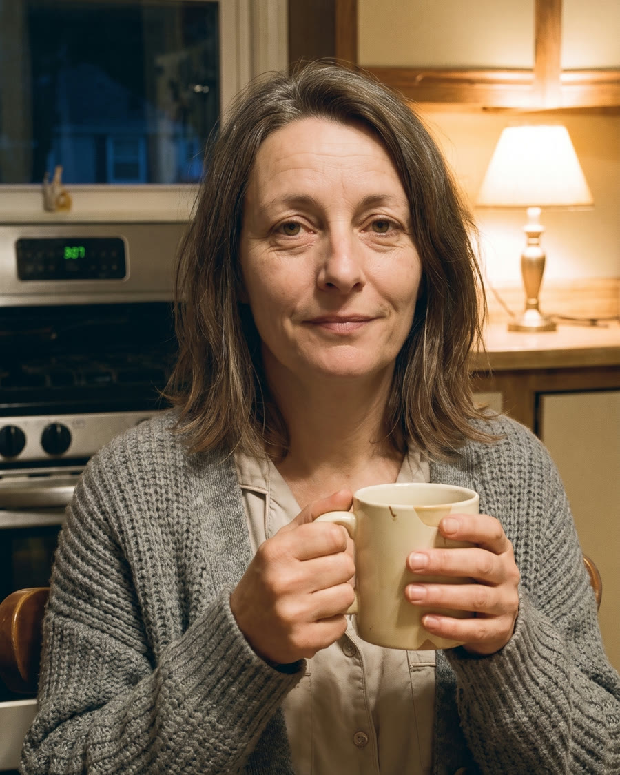 Jo at her kitchen table at 3 a.m. with a mug of tea